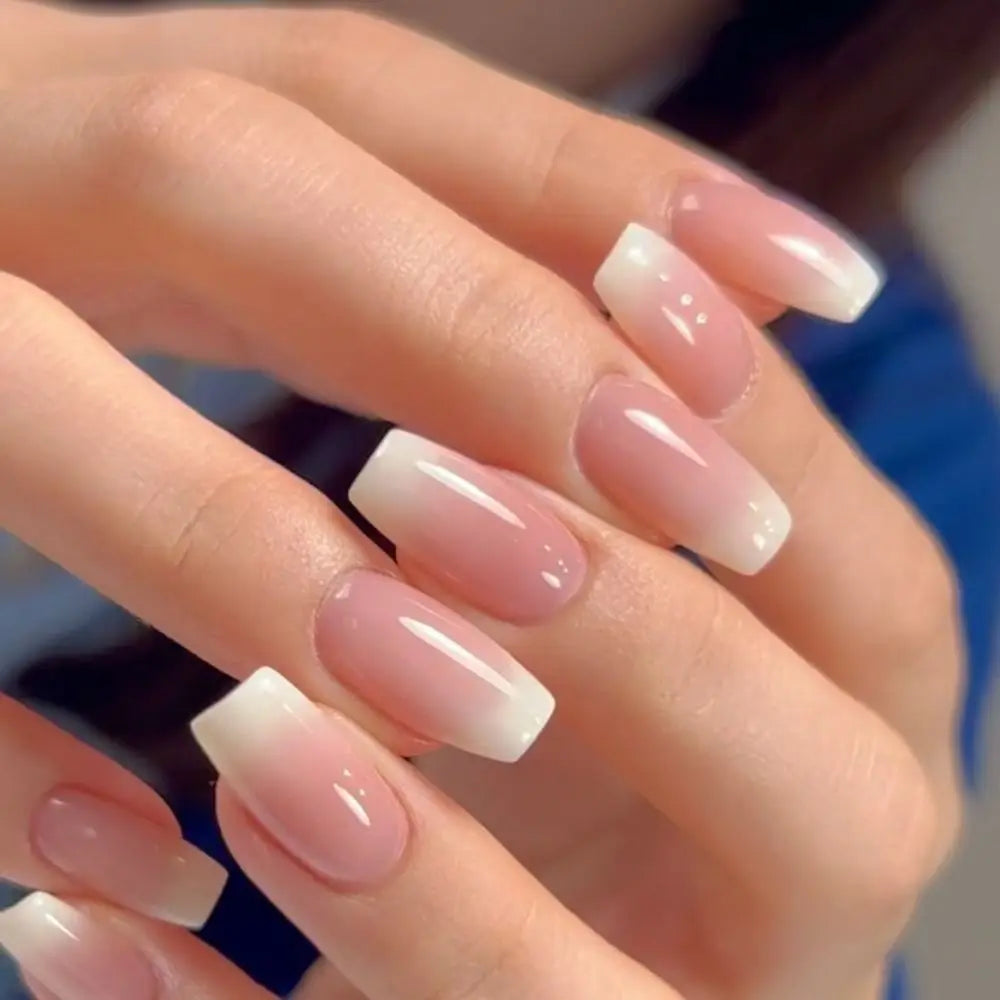 24 Uñas Postizas Degradadas Francesas Estilo Bailarina, Resistentes al Agua, Forma Ataúd Mediano, Uñas Falsas, Puntas de Uñas a Presión
