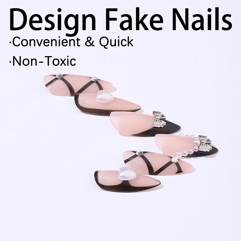 Uñas postizas negras con diseño de murciélago para Halloween, puntas de uñas decoradas con forma de almendra, con remaches y lazos, 24 unidades, uñas acrílicas reutilizables.
