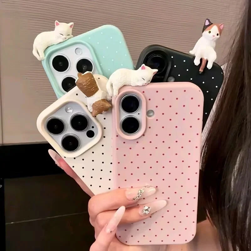 Funda de teléfono suave con diseño de lunares encantadores de Corea para iPhone 17 16 15 14 13 12 Pro Max Plus X funda a prueba de golpes con bonito gato de dibujos animados 3D