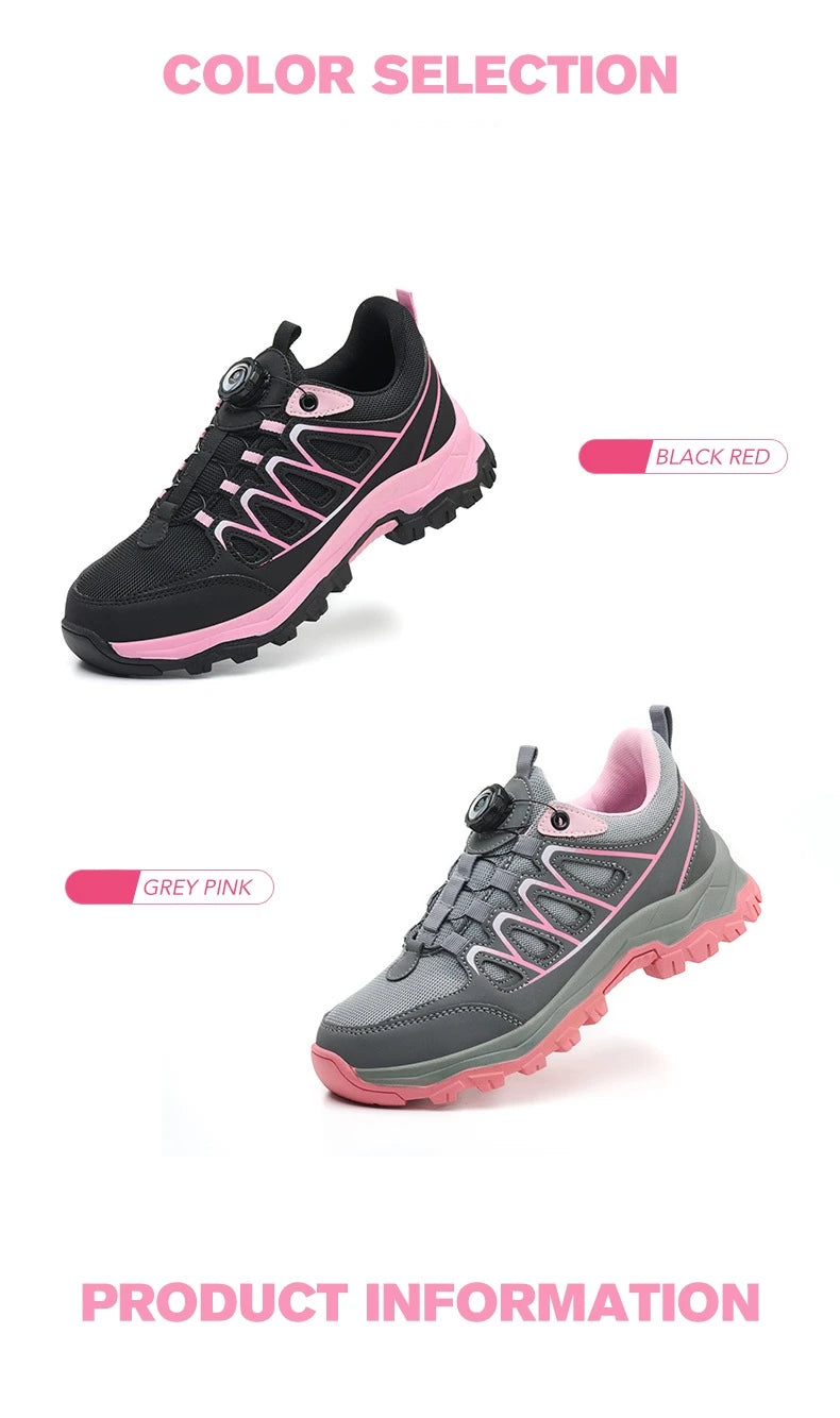 Zapatos de seguridad para el trabajo para mujer, zapatillas de trabajo con punta de acero, botón giratorio, transpirables, antideslizantes, protección a prueba de pinchazos, botas de seguridad rosas