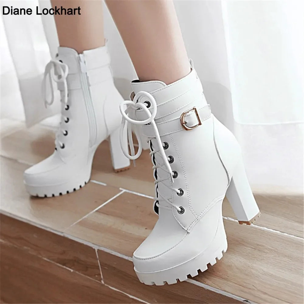 Zapatos de mujer Botas de moto Otoño Invierno Botas de mujer 2025 Botas de tobillo elegantes para mujer Plataformas de tacón alto Botas sexis con hebilla blanca