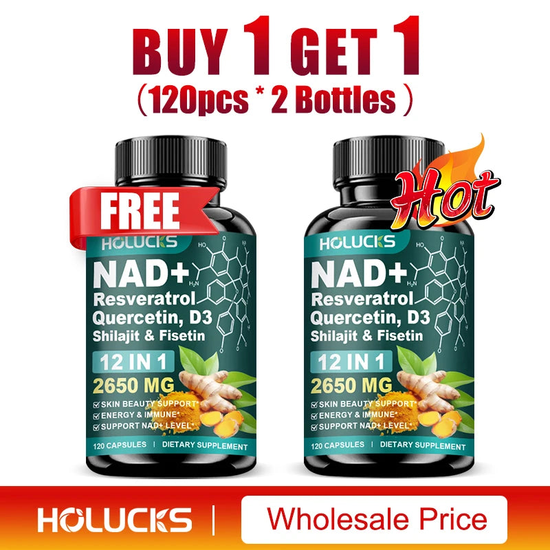 Cápsulas de NAD+ con Resveratrol, Suplemento 12 en 1, Mejora la Vitalidad Celular, Apoya la Energía y la Concentración, la Salud Inmunológica y de la Piel