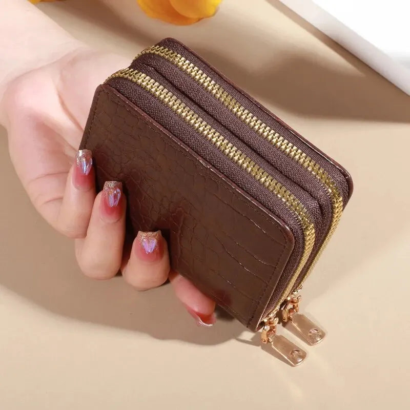 Cartera elegante para mujer con múltiples tarjetas: bolso de mano seguro con doble cremallera |   Monedero casual de cuero PU con bolso de tarjeta de cocodrilo de almacenamiento de estilo
