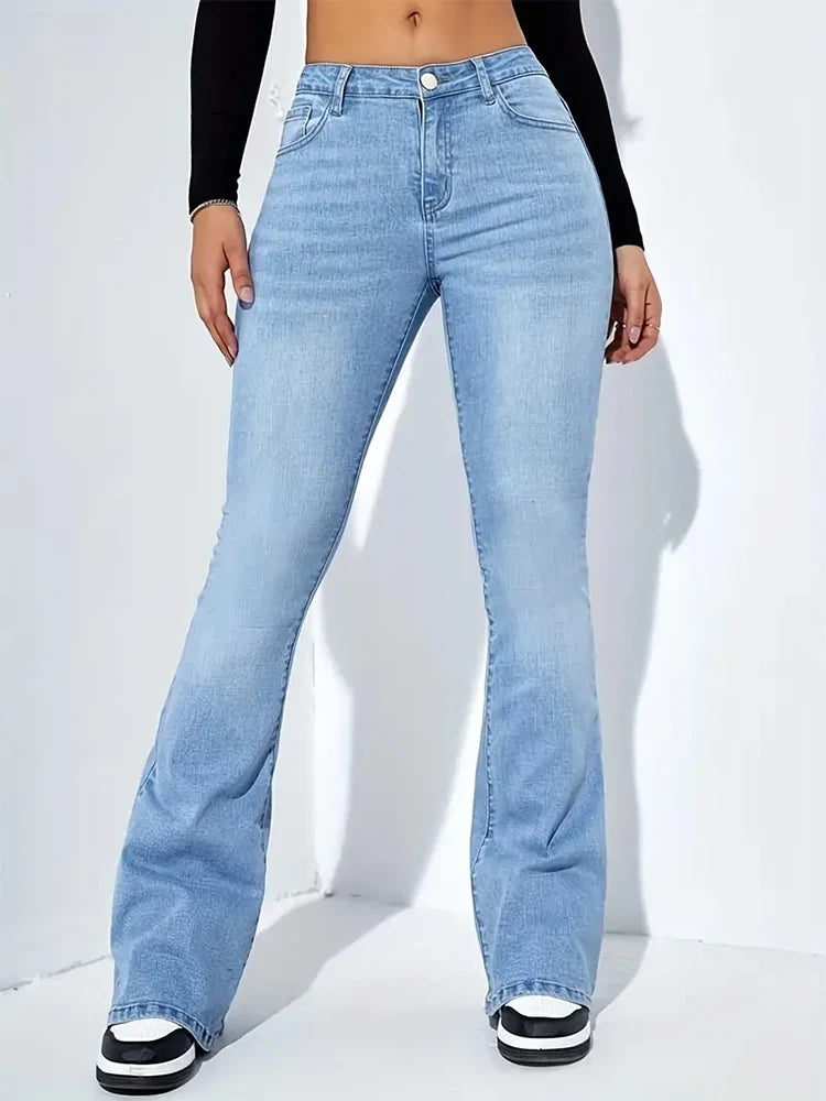 Pantalones vaqueros elásticos acampanados con bigote para mujer, pantalones vaqueros grises de cintura alta con parte inferior acampanada, pantalones largos Punk clásicos Y2K para mujer