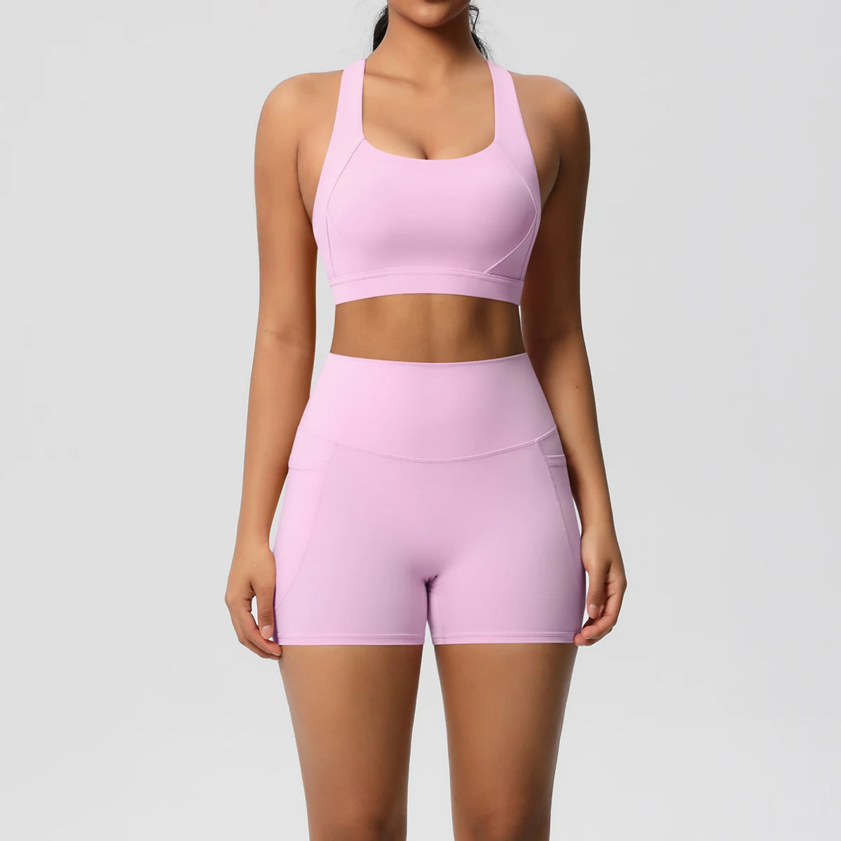 Ropa deportiva con bolsillo para mujer, conjunto de Yoga, ropa de gimnasio, trajes de Yoga para mujer, chándales, pantalones cortos deportivos, sujetador cruzado, mallas de gimnasio, 2 uds.