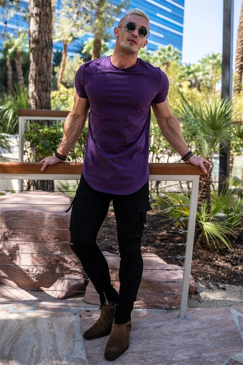 Camiseta de entrenamiento muscular, camiseta de manga corta de entrenamiento de verano para hombre, camiseta de fitness de algodón de alta calidad para hombre, camisetas de color sólido para gimnasio