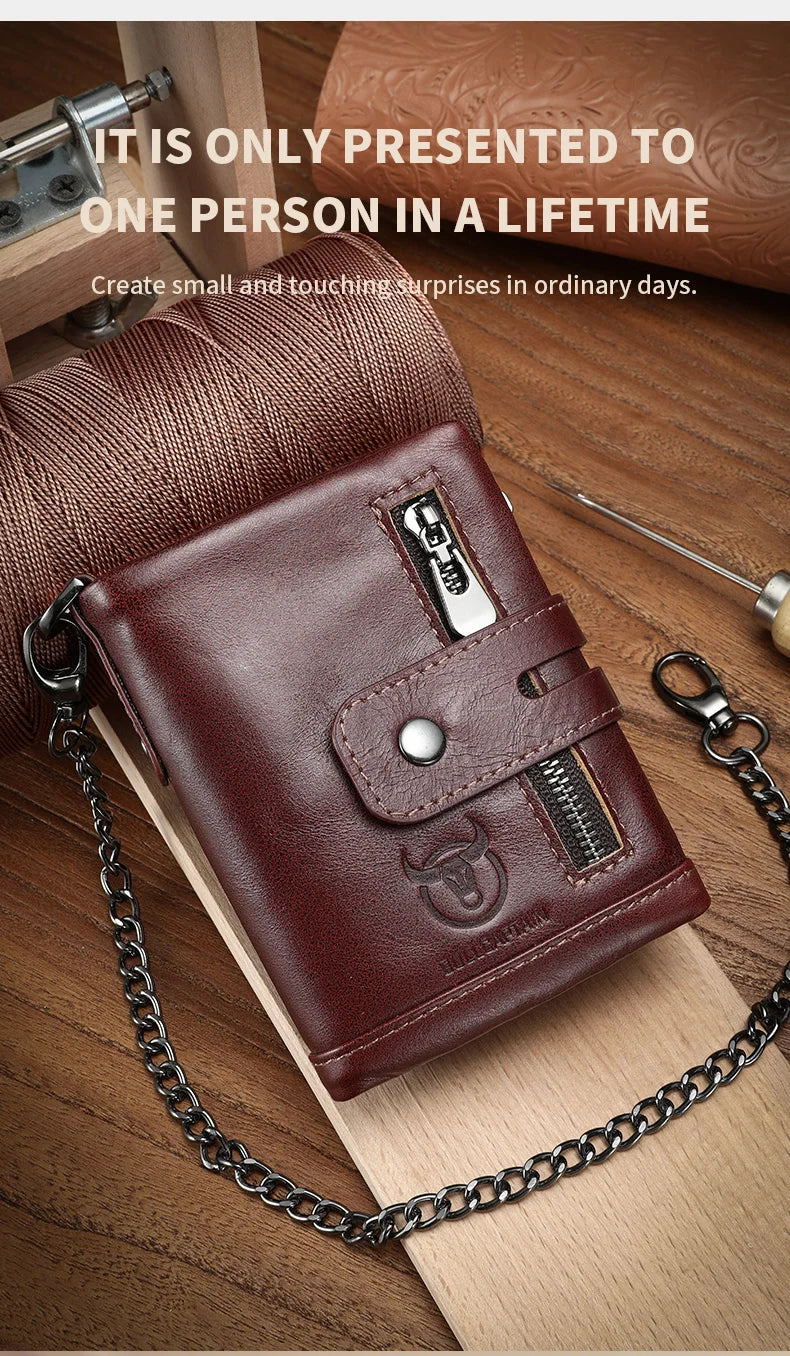 Cartera Bullcaptain de cuero genuino para hombre, monedero de viaje de calidad a la moda, protección Rfid, tarjetero Wollst para hombre con cadena