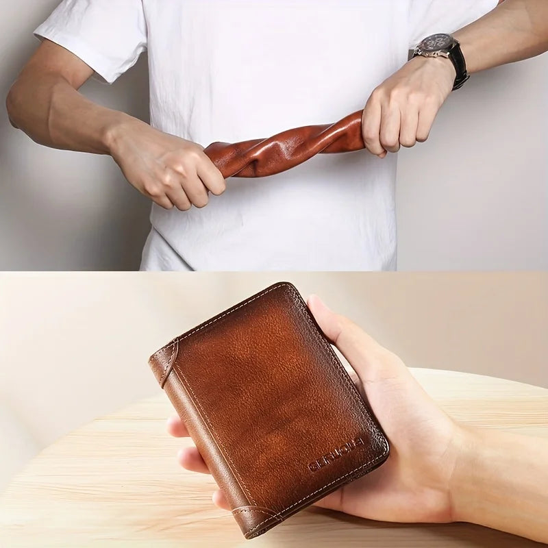 GERUOLA Cartera delgada de cuero genuino con protección RFID para hombre, tarjetero multifuncional para identificación y tarjeta de crédito, color marrón oscuro con adornos