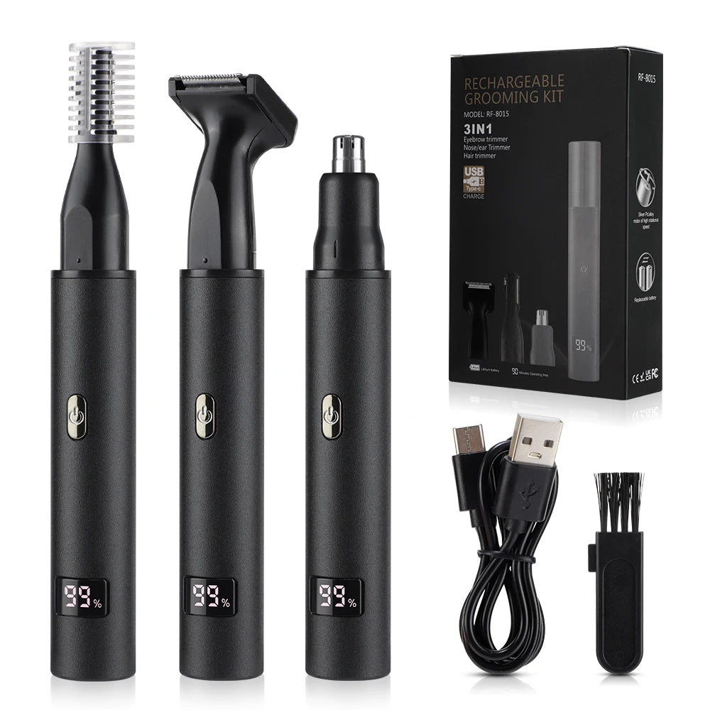 Cortadora de pelo eléctrica 3 en 1 para hombres, pantalla LED, patillas indoloras, cejas, barba, afeitadora, recargable por USB