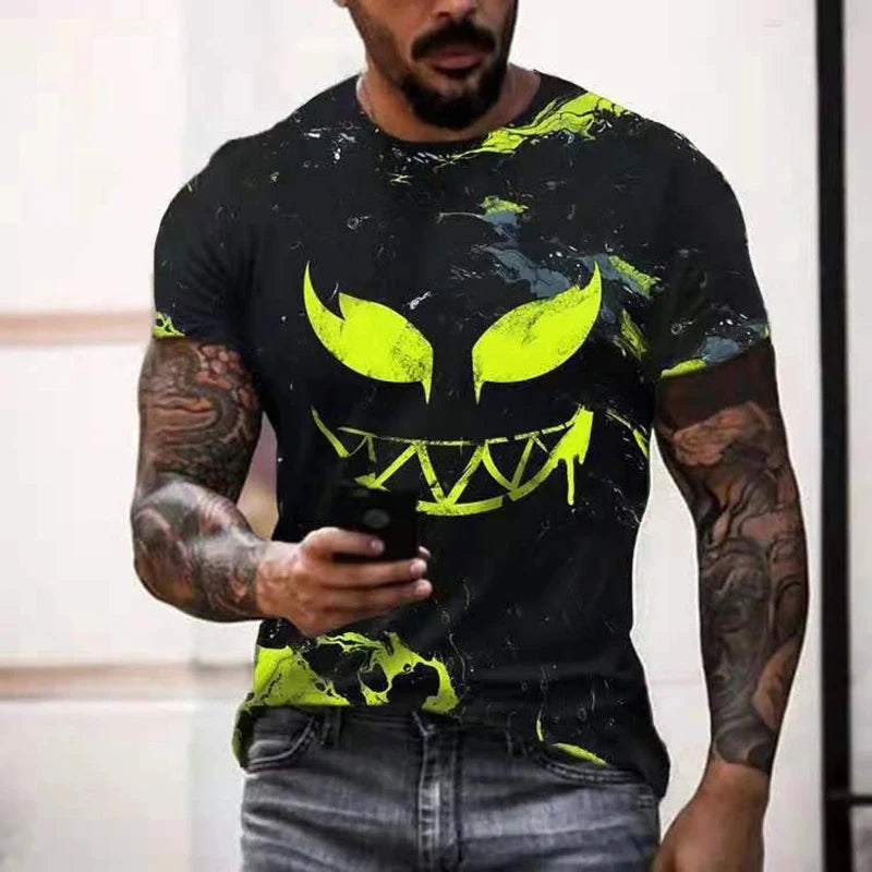 Camiseta de gran tamaño para hombre, pantalón corto informal de manga Hip Hop con estampado de cara sonriente, camiseta de talla grande, Jersey, camiseta para hombre 2024