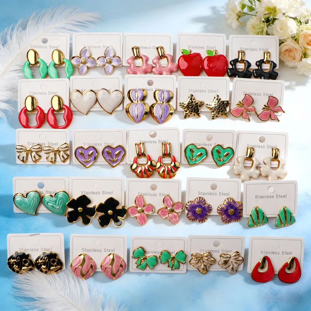 5/10/15/20/30 pares de pendientes coloridos de acero inoxidable a la moda para mujer, estilo mixto, elegantes, geométricos, con forma de corazón, flores, joyería para fiesta