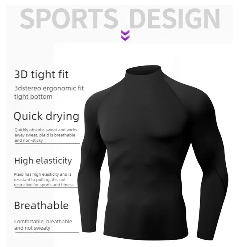 Camisa deportiva de lana de invierno para hombre, camisa de compresión de cuello alto, Top de entrenamiento de manga larga, camiseta interior de alta elasticidad