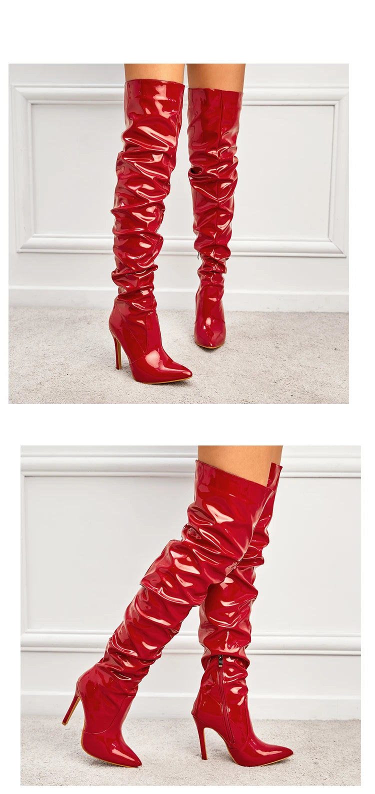 Eilyken-Botas por encima de la rodilla plisadas de charol para mujer, zapatos hasta el muslo con cremallera y punta estrecha, a la moda, alta calidad