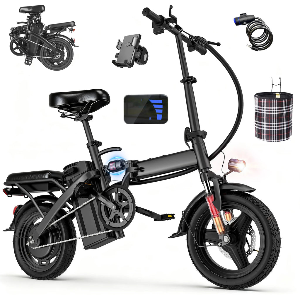 Bicicletas eléctricas para adultos de 560W, 24MPH, batería extraíble de 48V10.4AH, bicicleta eléctrica plegable de 14 pulgadas, bicicleta eléctrica con absorción de impactos múltiple