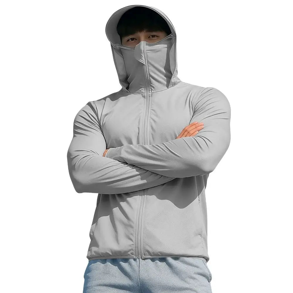 Nueva sudadera con capucha de seda helada para hombre, protección solar, secado rápido, cremallera completa, camisa UV de manga larga con máscara facial, camisa de pesca para hombre