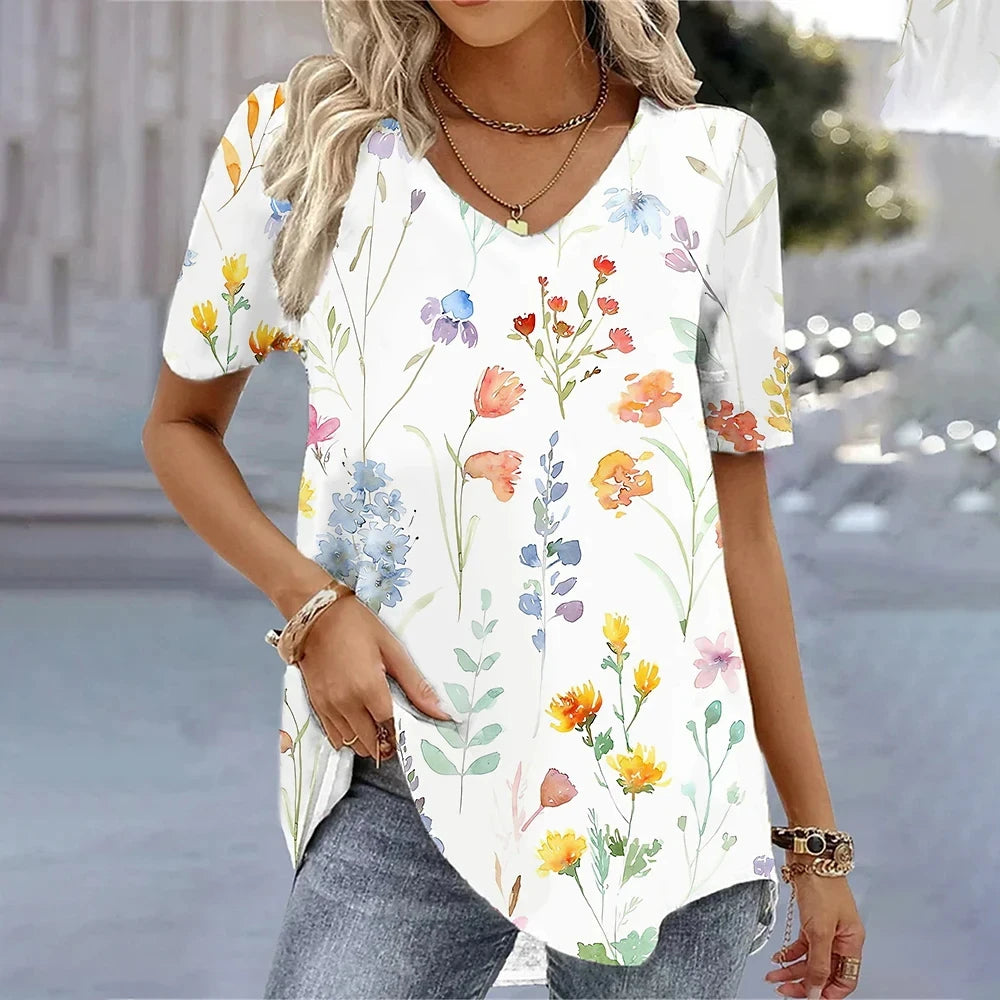 Camiseta con cuello en V para mujer, camiseta de manga corta con estampado 3D, camiseta informal holgada en blanco y negro, ropa de calle a la moda, jersey para mujer