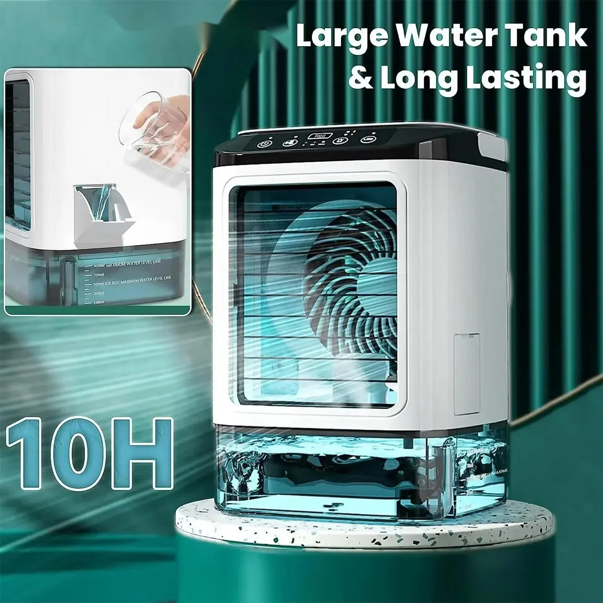 Ventilador Portátil con Aire Acondicionado HOMEFISH, Ventilador de Escritorio con Doble Pulverización Ultrasónica, 3 Velocidades, Silencioso, Enfriador de Aire, Luz Nocturna, Ventilador Eléctrico