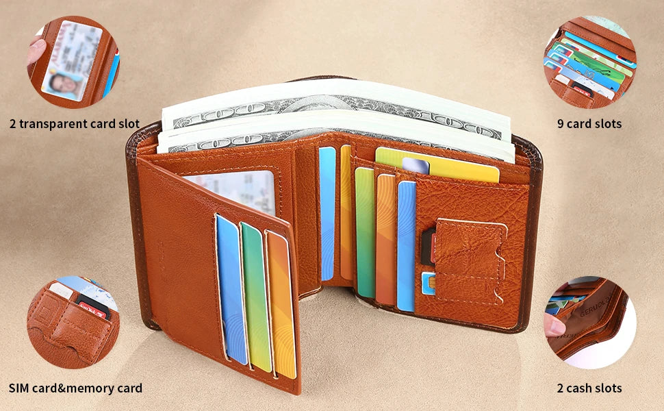 GERUOLA Cartera delgada de cuero genuino con protección RFID para hombre, tarjetero multifuncional para identificación y tarjeta de crédito, color marrón oscuro con adornos