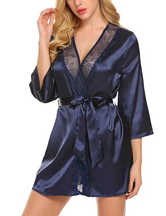 Bata de satén de encaje Sexy para mujer, ropa de dormir, camisón corto, Kimono, albornoz, lencería, camisón, vestido suave y cómodo negro de talla grande