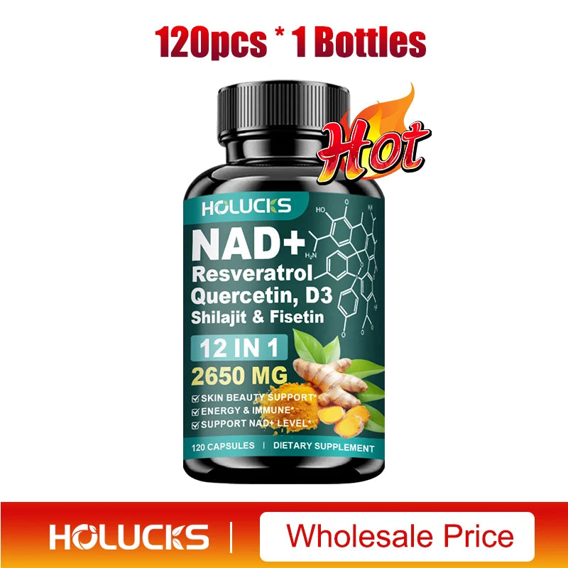 Cápsulas de NAD+ con Resveratrol, Suplemento 12 en 1, Mejora la Vitalidad Celular, Apoya la Energía y la Concentración, la Salud Inmunológica y de la Piel