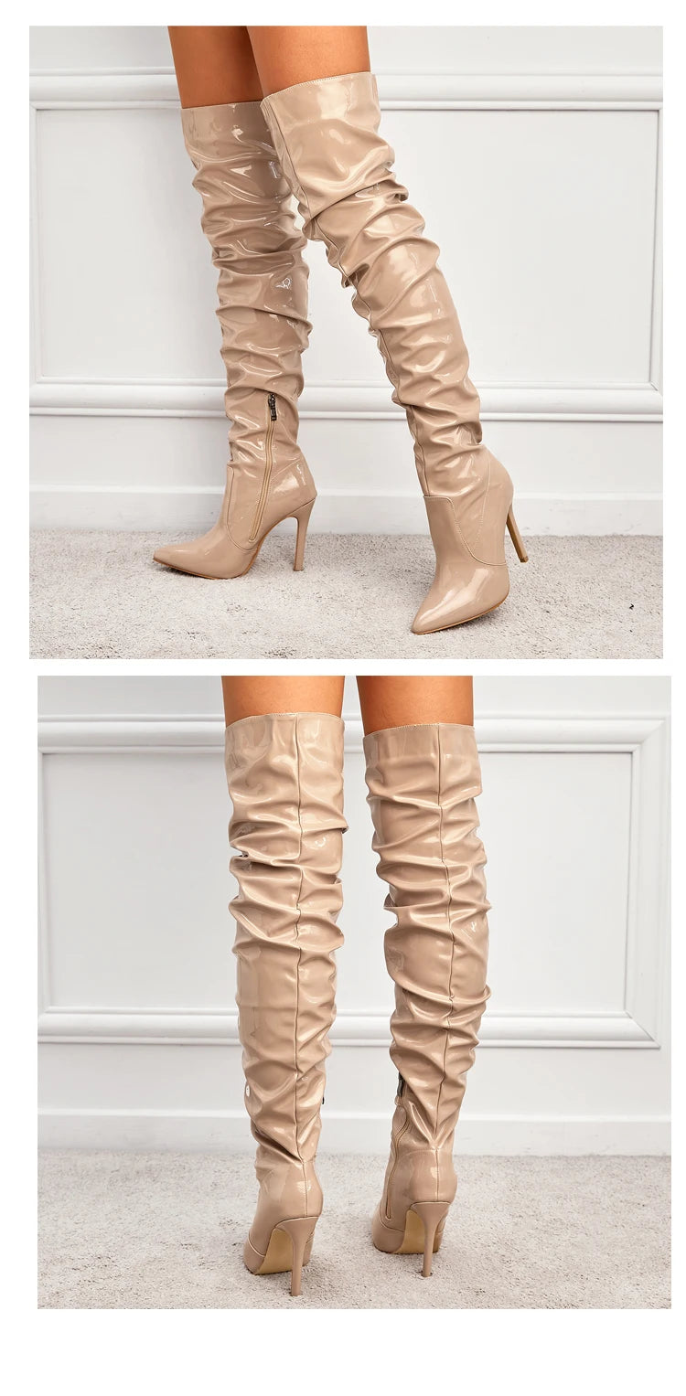 Eilyken-Botas por encima de la rodilla plisadas de charol para mujer, zapatos hasta el muslo con cremallera y punta estrecha, a la moda, alta calidad
