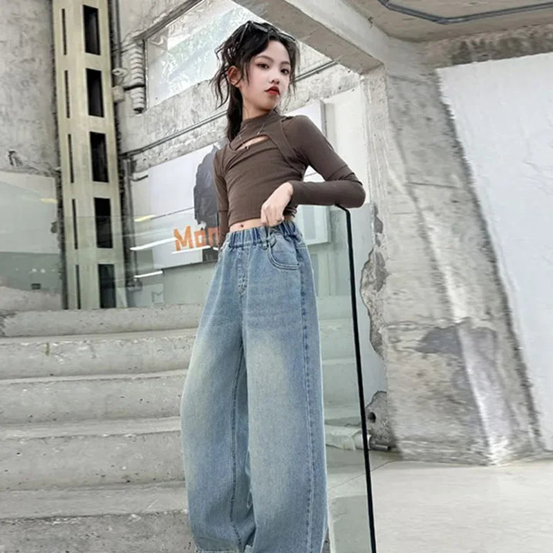 Pantalones vaqueros sueltos para chicas adolescentes, pantalones vaqueros de pierna ancha para primavera y otoño, nuevos pantalones rectos a la moda para niños, ropa informal para adolescentes