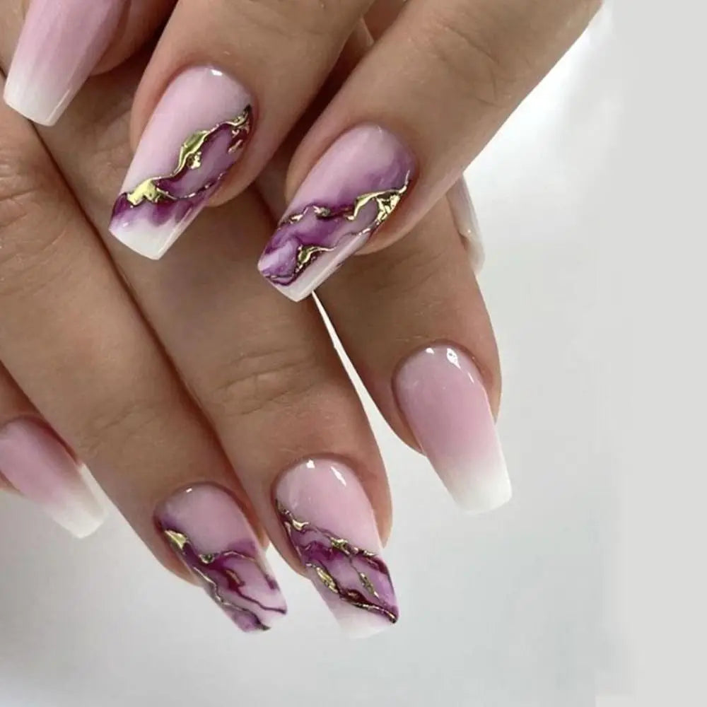 24 Uñas Postizas Degradadas Francesas Estilo Bailarina, Resistentes al Agua, Forma Ataúd Mediano, Uñas Falsas, Puntas de Uñas a Presión