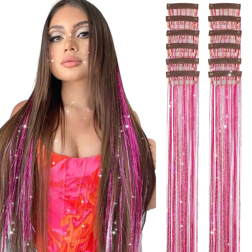 6 uds 50cm chispeantes pelo brillante oropel extensiones de cabello oropel extensiones de Clip de pelo sintético mujeres para tocado trenzado