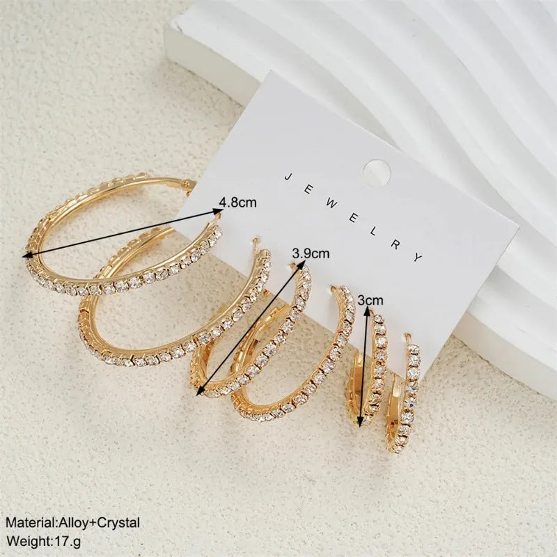 Juego de 1-3 pares de pendientes de aro circulares con diamantes de imitación exagerados y brillantes para mujer, joyería Simple y brillante