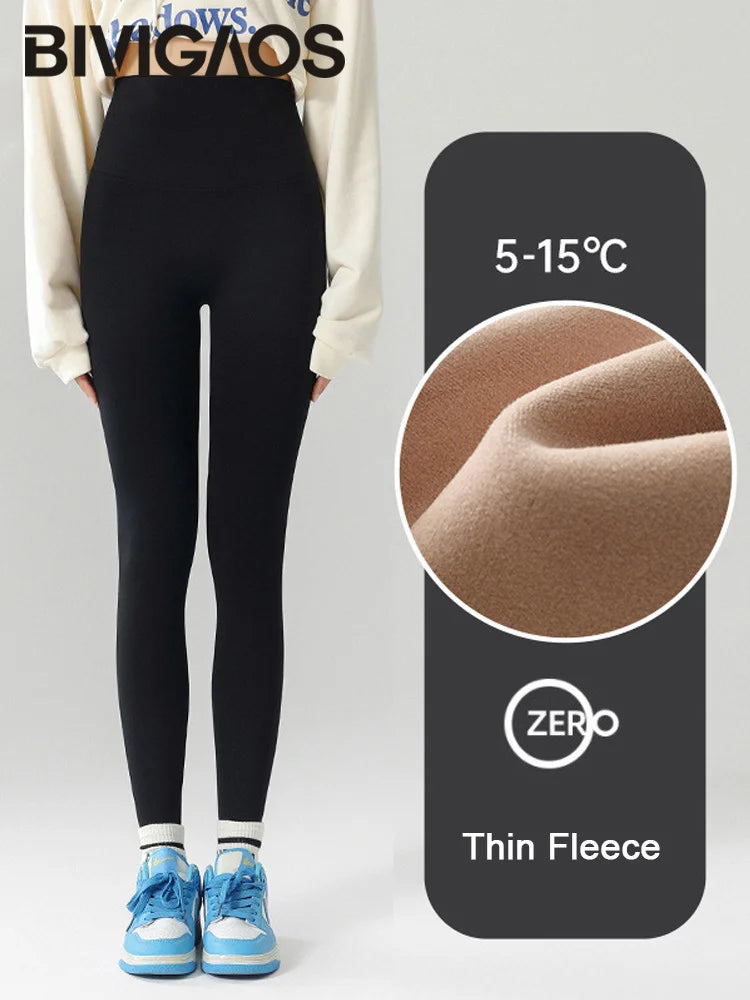 BIVIGAOS-mallas gruesas de terciopelo de Alpaca para mujer, mallas de tiburón negro, cintura alta, ajustadas, sin costuras, cálidas, para otoño e invierno