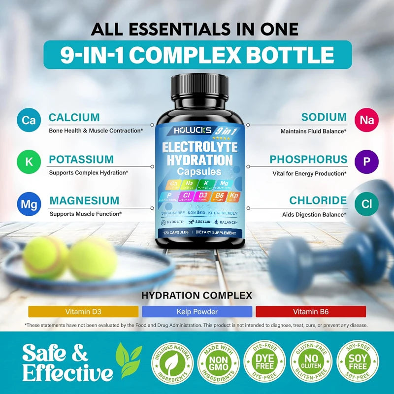 Suplemento de Electrolitos HOLUCKS, con Vitaminas B y Minerales Clave, Apoya el Equilibrio de Fluidos, la Energía e la Hidratación Diaria para Deportistas
