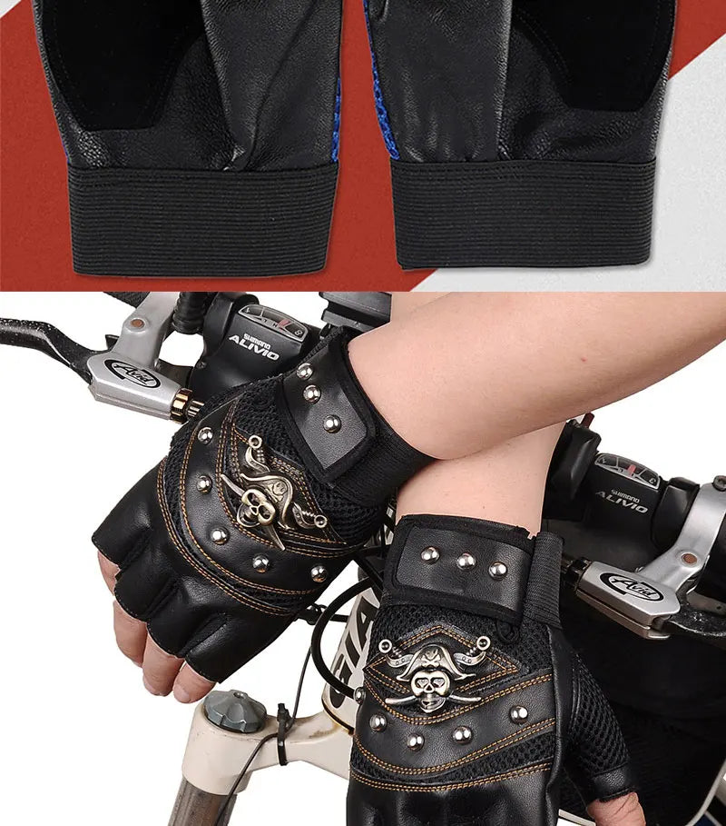 Guantes sin dedos de cuero PU de capitán pirata para hombre y mujer, manoplas con remaches de calaveras, guantes de gimnasio de Hip Hop, guantes de medio dedo para Moto femenina