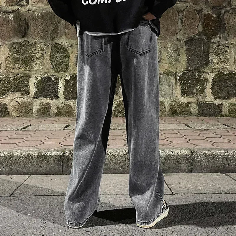 Ropa de calle de estilo coreano, nueva moda, pantalones vaqueros informales holgados para hombre, pantalones vaqueros Harajuku de calle alta, pantalones de marca para hombre, negro, gris y azul
