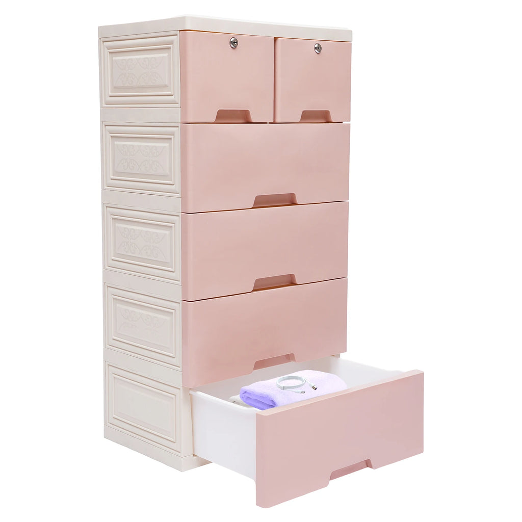 NUEVO Armario de Almacenamiento de Plástico de 5 Niveles, Organizador de Cajones para Sala de Estar, con 6 Cajones, Armario con Cerradura, Organizador de Cajones