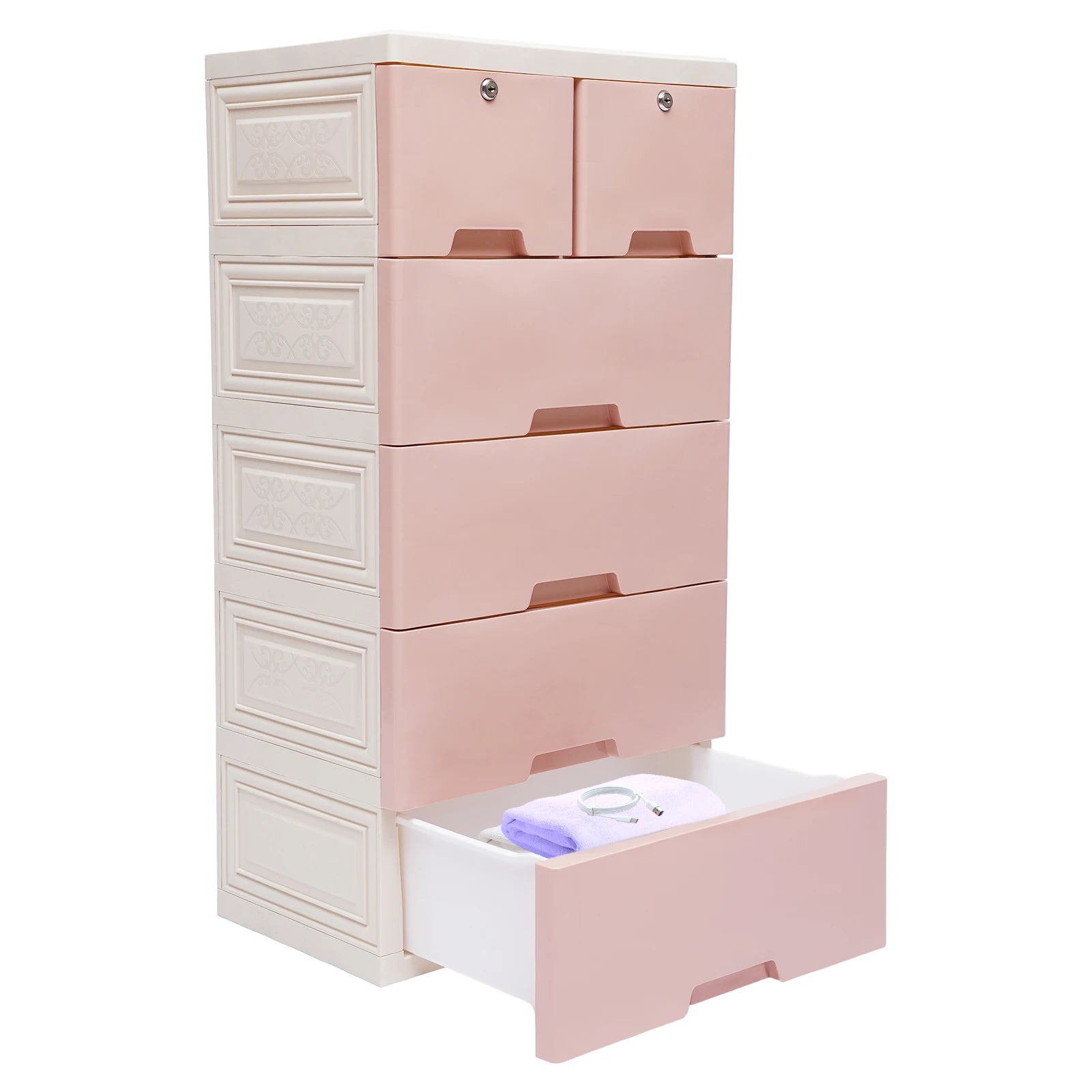 NUEVO Armario de Almacenamiento de Plástico de 5 Niveles, Organizador de Cajones para Sala de Estar, con 6 Cajones, Armario con Cerradura, Organizador de Cajones