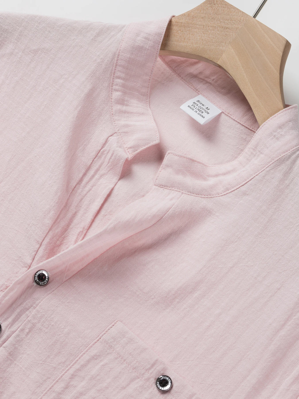 Camisa de manga corta de lino y algodón para hombre con cuello levantado y solapa de medio botón - Ropa informal de ocio al aire libre para primavera y verano