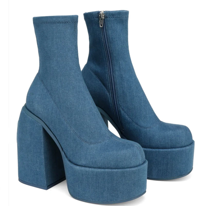 Botas modernas con tacones de plataforma para mujer, botas de cuero con punta redonda, tacones gruesos, zapatos de tacón de bloque de diseñador con cremallera, zapatos informales a la moda para chicas
