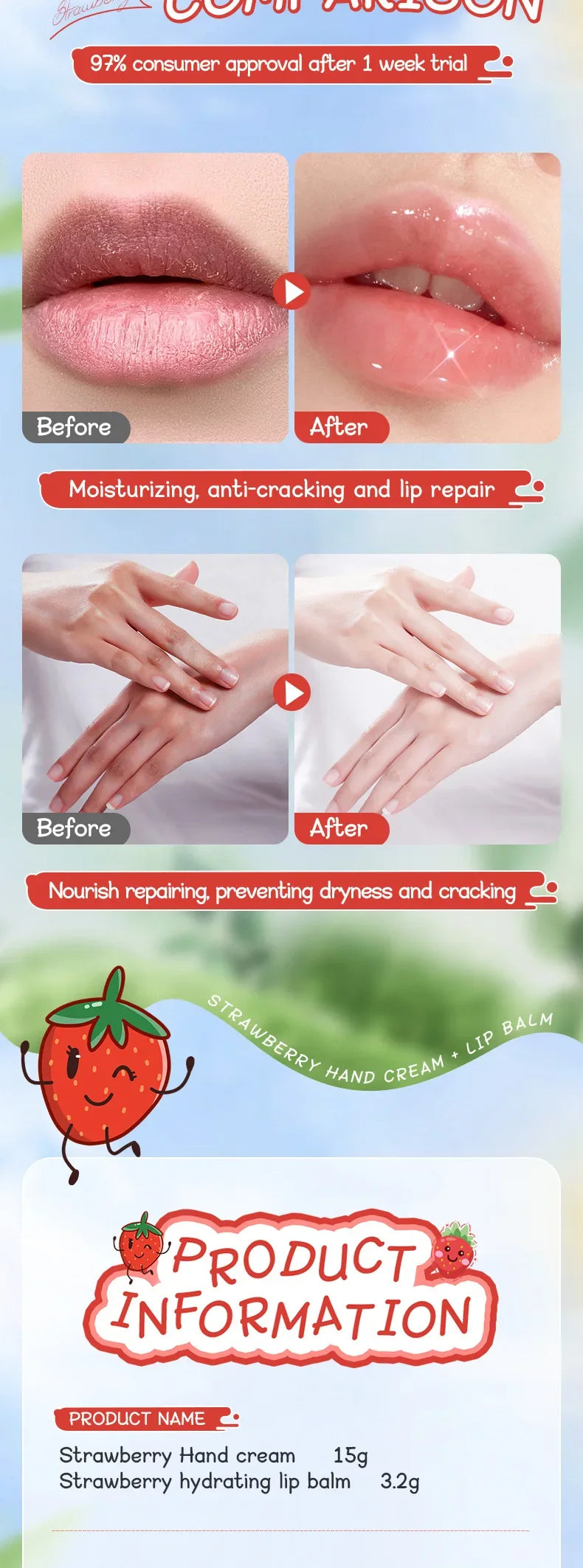 Crema nutritiva de fresa para manos, bálsamo labial, juegos de cuidado de la piel, hidratante, labios regordetes, lápiz labial de frutas, labios regordetes, cuidado de la piel de las manos