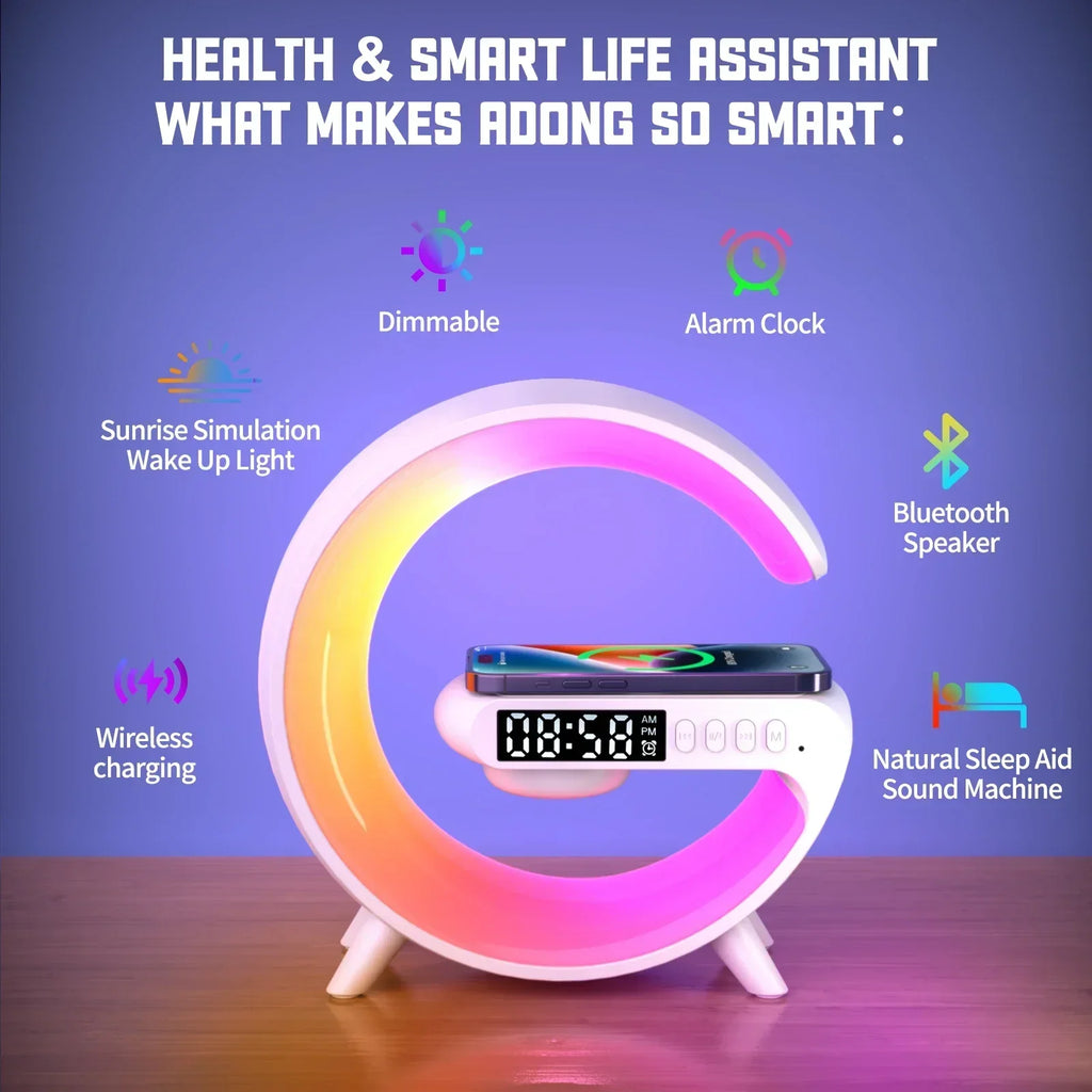 Soporte de cargador inalámbrico multifunción, altavoz despertador con luz RGB para iPhone, Samsung, Xiaomi, Mini estación de carga rápida