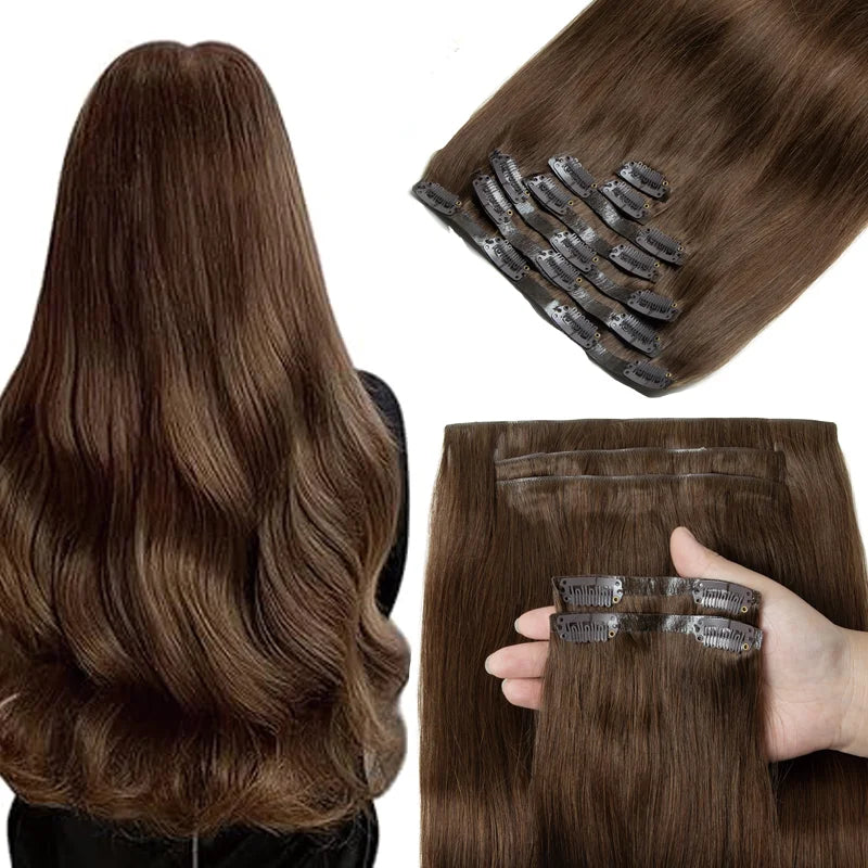 Human Hair Invisible PU Clip In Extensions Injected PU Tape Weft 7Pcs/set 12-24inch 100G 120G Clip On Hair Comfortable Wear