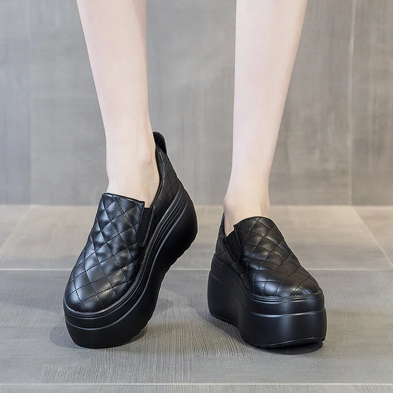 2025 zapatos de cuña de plataforma primavera otoño cabeza redonda Color sólido zapatillas gruesas Casual Slip on mocasines femeninos