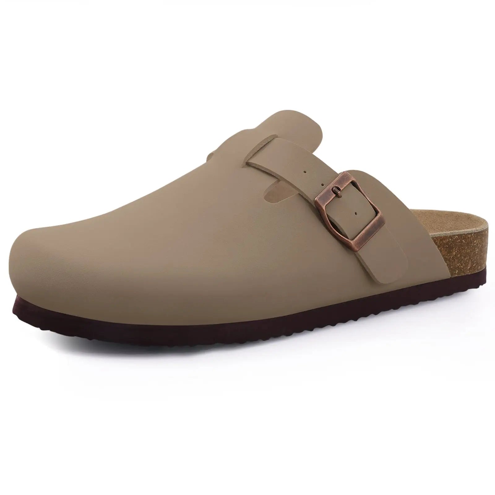 Comwarm Zapatillas tipo zuecos de ante para mujer, mulas de cuero, zapatillas planas clásicas de corcho para hombre, sandalias con reposapiés de corcho para exteriores con soporte para arco
