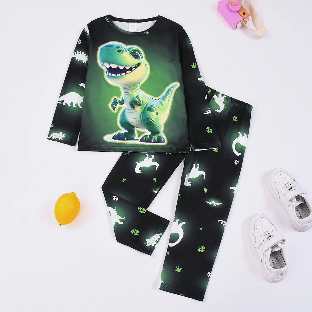 Conjunto de Pijama con Estampado Digital de Dinosaurios para Niños, Ideal para Decoración del Hogar, Apto para Niños de 2 a 9 Años en Primavera y Otoño