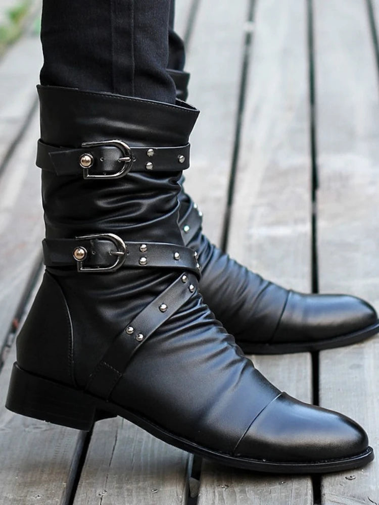 Botas de tubo medio de cuero de alta calidad para hombre, zapatos clásicos de moda para Otoño e Invierno, zapatos Punk Rock negros, informales para hombre y mujer de talla grande 38-48