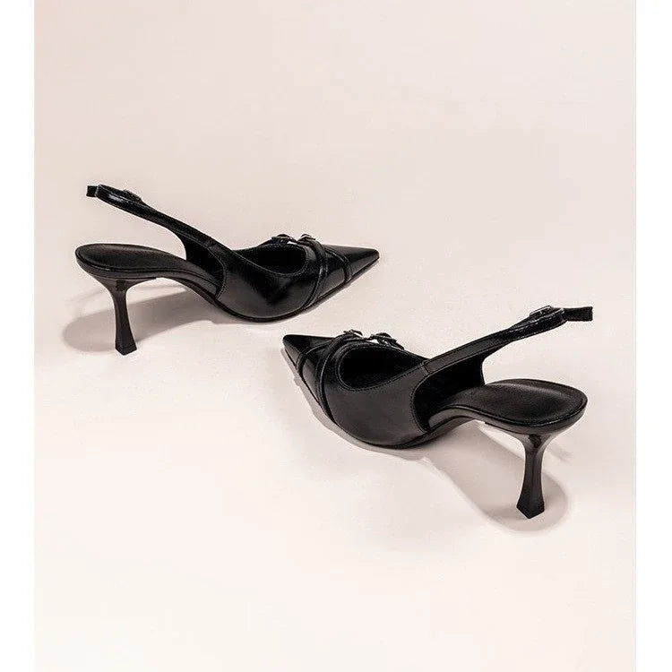 Nuevos zapatos de tacón alto con punta estrecha a la moda, zapatos de tacón alto con hebilla elegante decorada, zapatos de mujer negros de aguja NO: 602