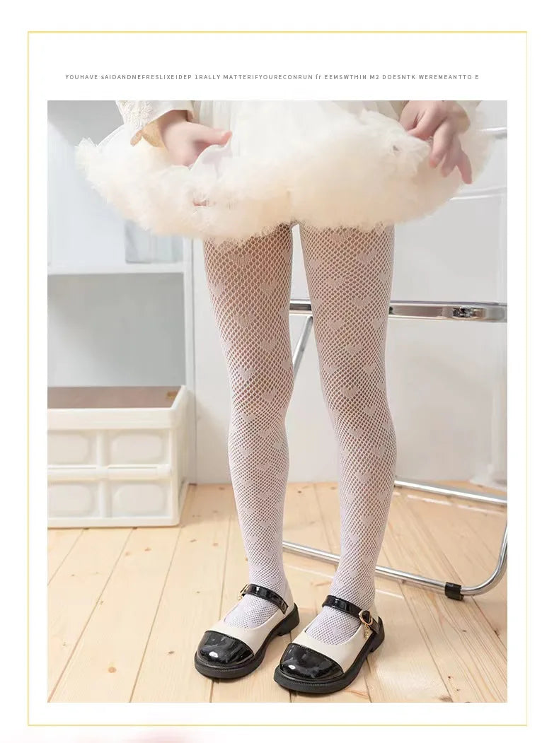 Medias blancas de princesa pequeña, mallas ajustadas de malla suaves y cómodas para niños, pantimedias para bebé Lolita en forma de corazón