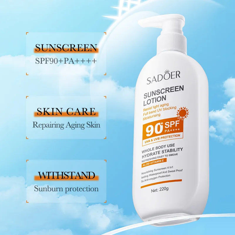Loción solar súper 220ml con vitamina E para el cuerpo y la cara SPF 90 PA++++ Uso del cuerpo entero Protege + Hidratación