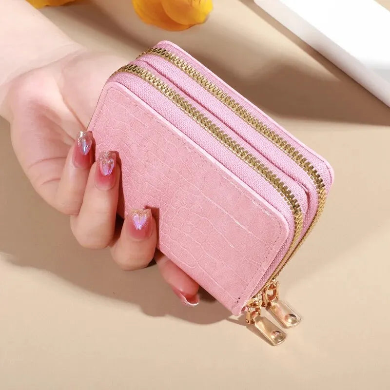 Cartera elegante para mujer con múltiples tarjetas: bolso de mano seguro con doble cremallera |   Monedero casual de cuero PU con bolso de tarjeta de cocodrilo de almacenamiento de estilo