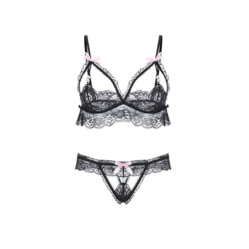 Conjunto de 2 piezas de sujetador con cuentas y tanga, lencería sexy para mujer, sujetadores con perlas deslizantes, disfraz erótico transparente, ropa interior íntima de fantasía