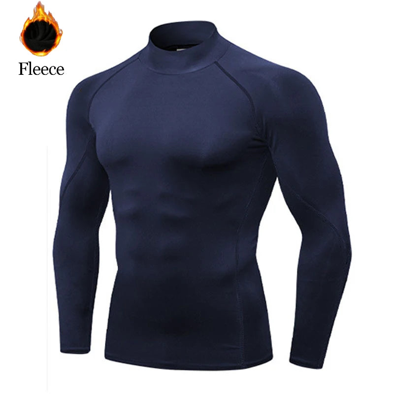 Camisa deportiva de lana de invierno para hombre, camisa de compresión de cuello alto, Top de entrenamiento de manga larga, camiseta interior de alta elasticidad
